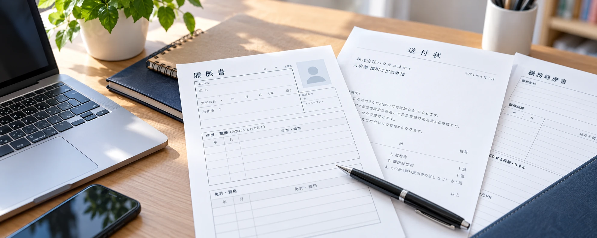 履歴書・送付状・職務経歴書を並べた机
