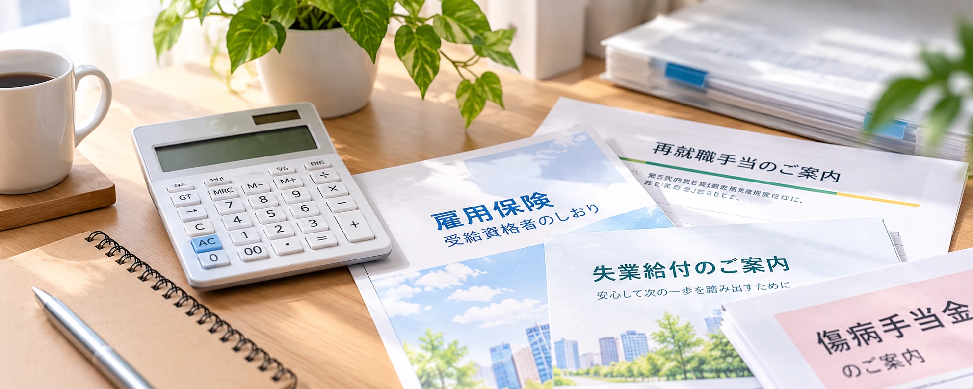 雇用保険や傷病手当金などの案内と電卓を並べた机