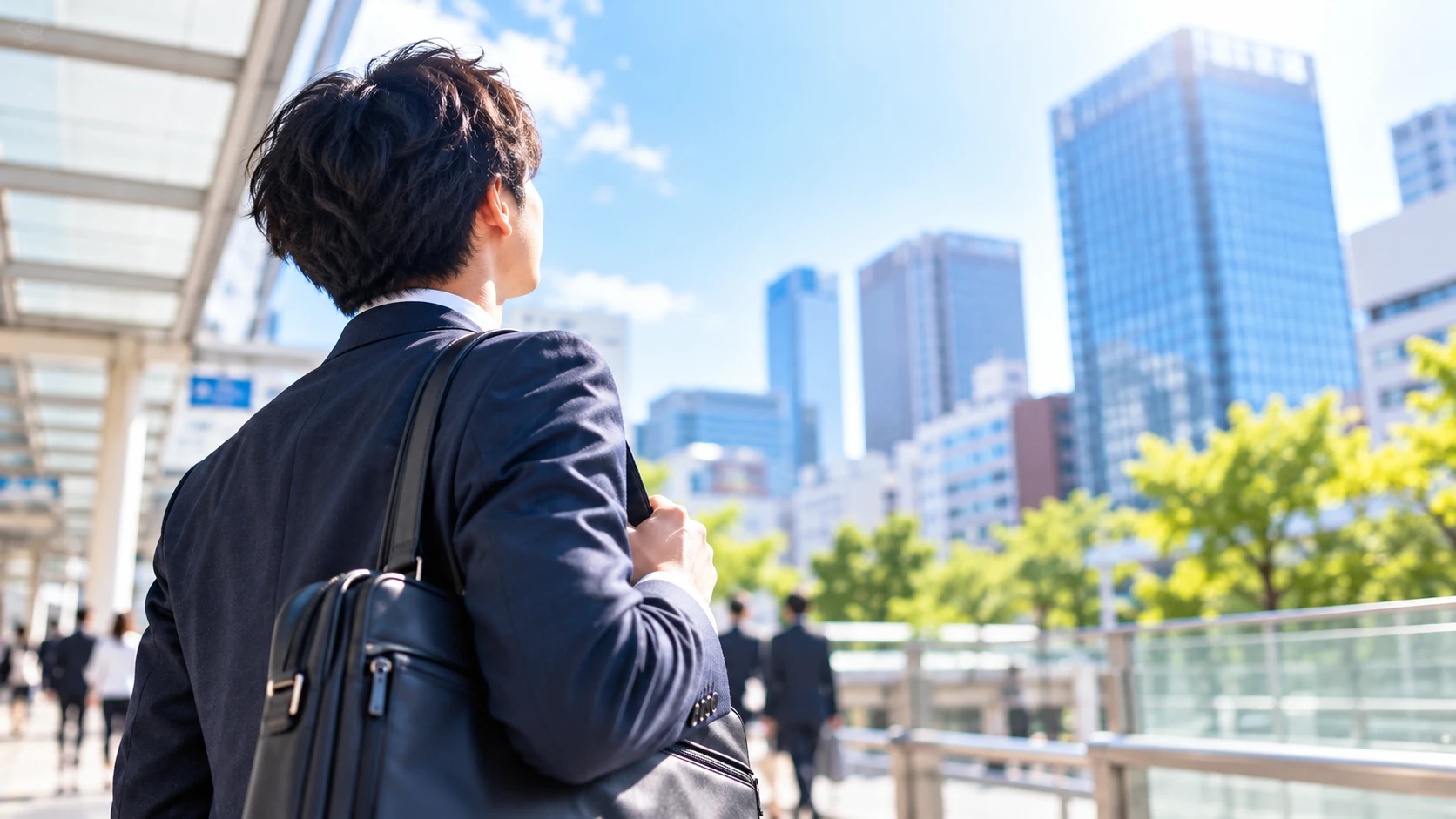 ビジネスバッグを持ちオフィス街を見渡す人