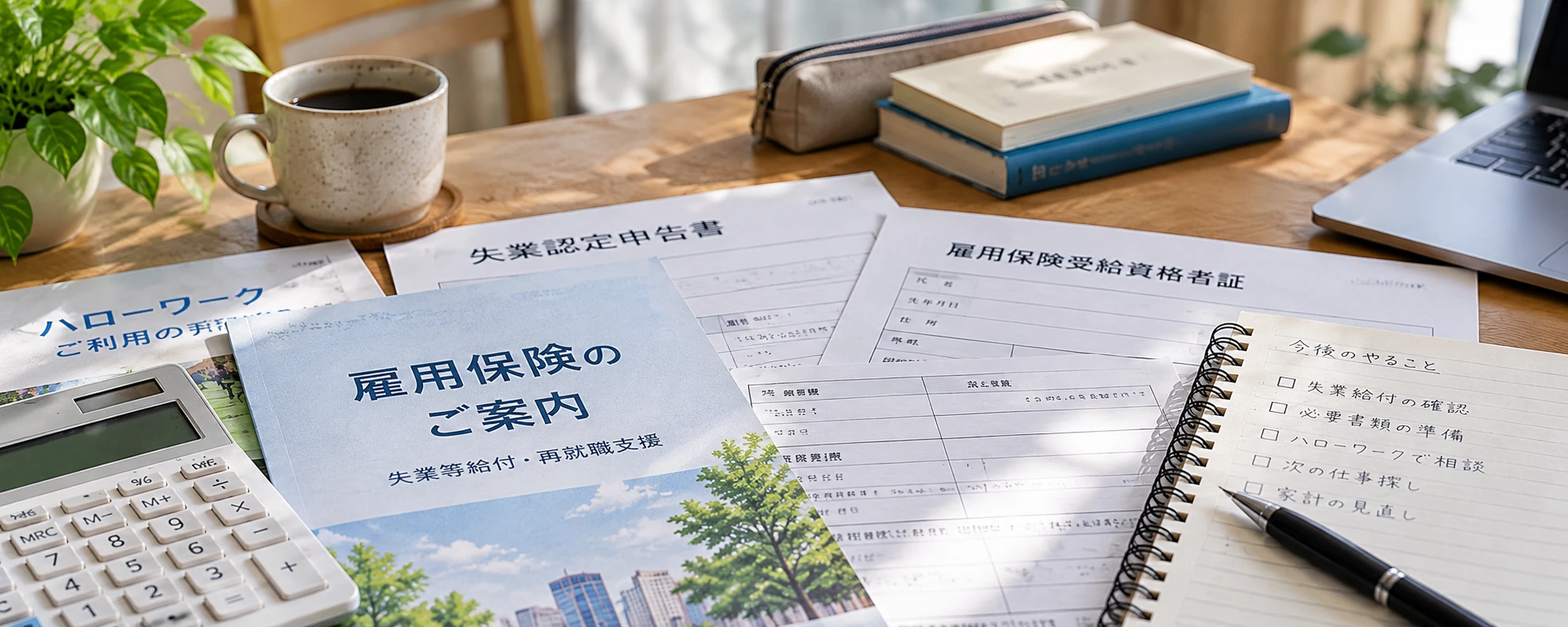 制度の確認書類と電卓、手続きのチェックメモ