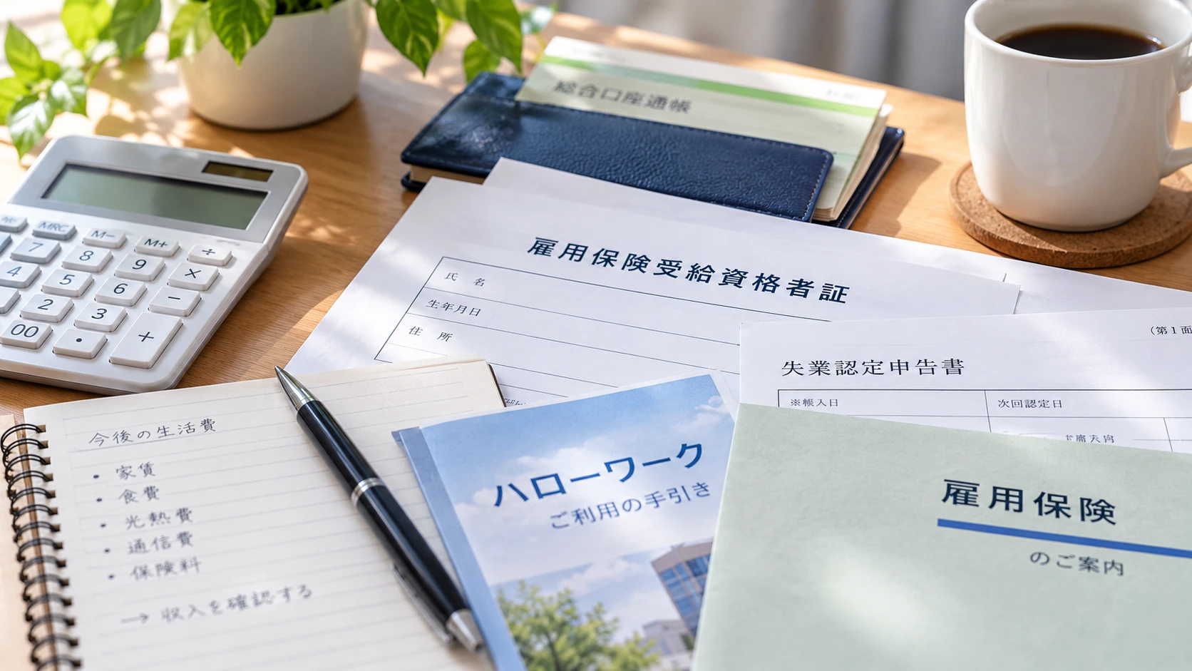 雇用保険受給資格者証と失業認定申告書、電卓